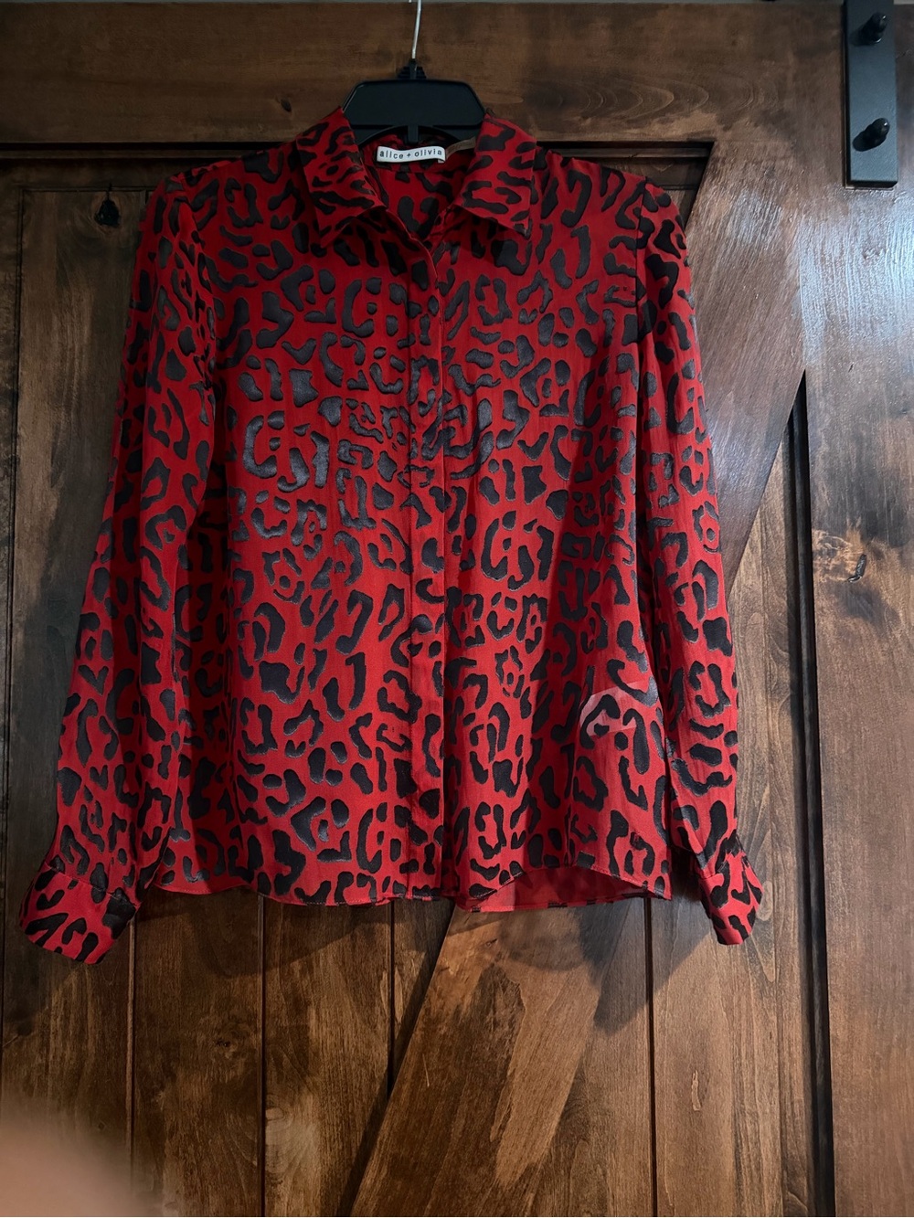 Alice + Olivia Red & Black Leopard Print Silk Blouse - Picture 2 of 6